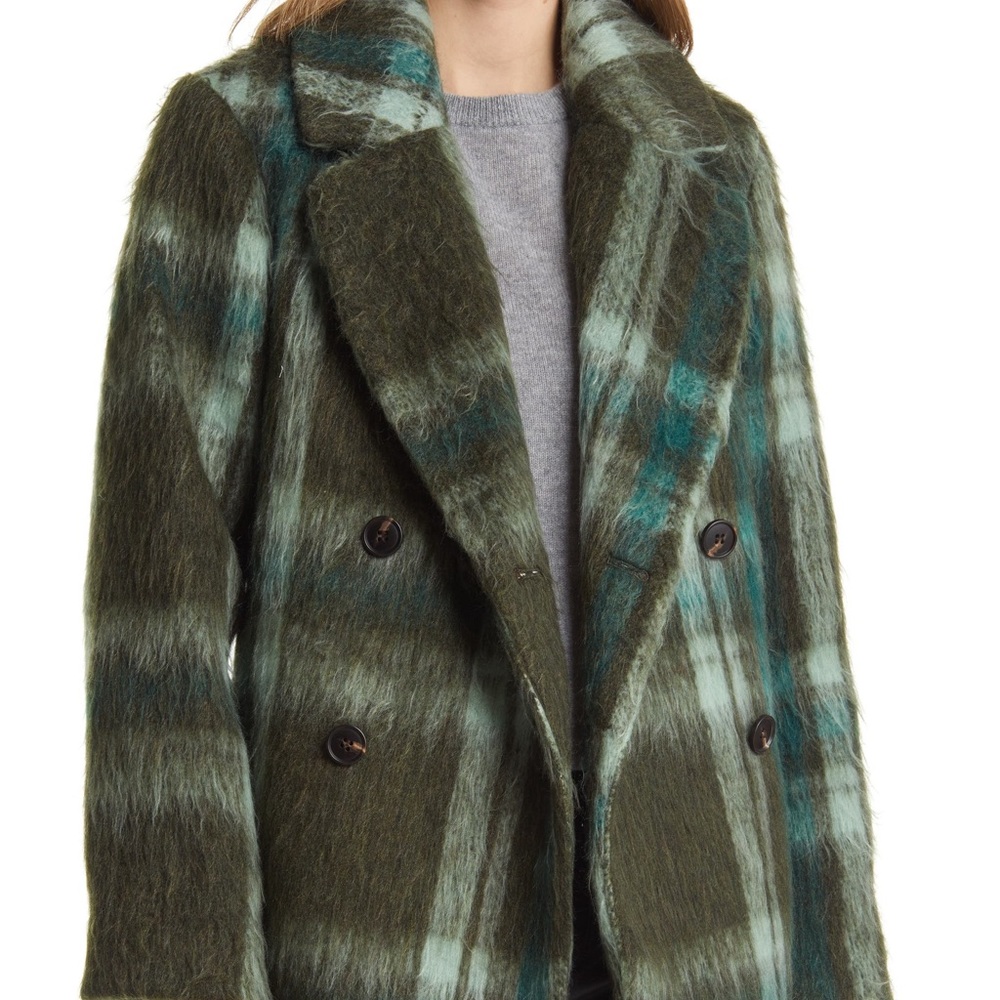 Halogen Brushed Plaid Pea Coat | Green XS